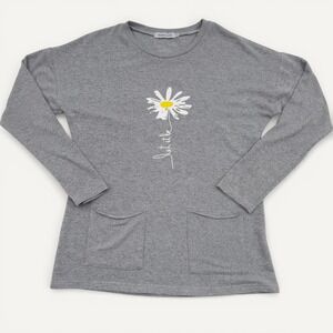 Misslook Gray Let It Be Daisy Graphic Long Sleeve Top Pockets S Boho Hippie Cozy